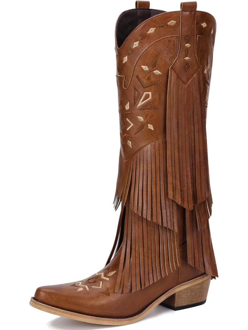 Women's Brown Fringe Knee High Cowgirl Boots Classic Pointed Toe Pull On Retro